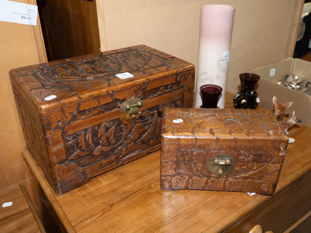 2x small carved camphorwood chests Largest W305 Image 1++