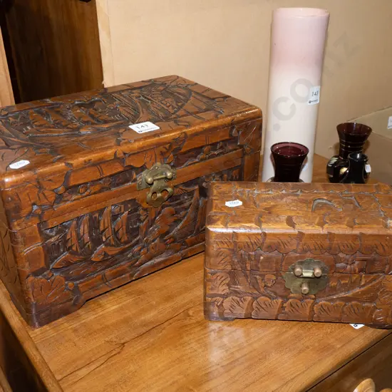 2x small carved camphorwood chests Largest W305