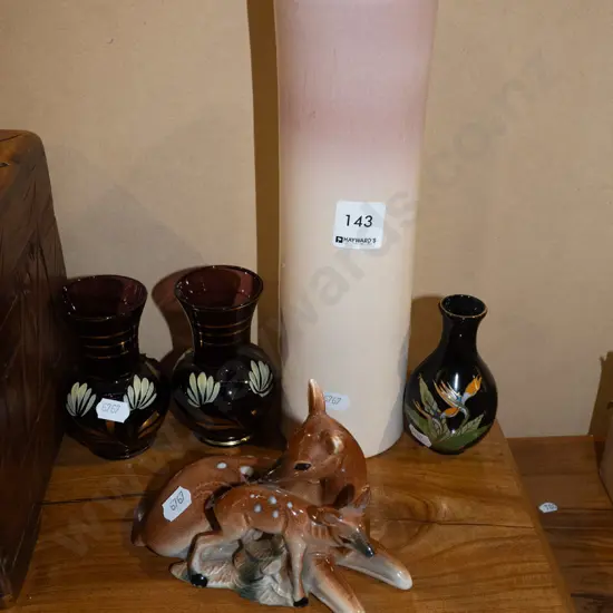Teal vase, 3x ruby glass vases, deer and fawn figurine Vase H260