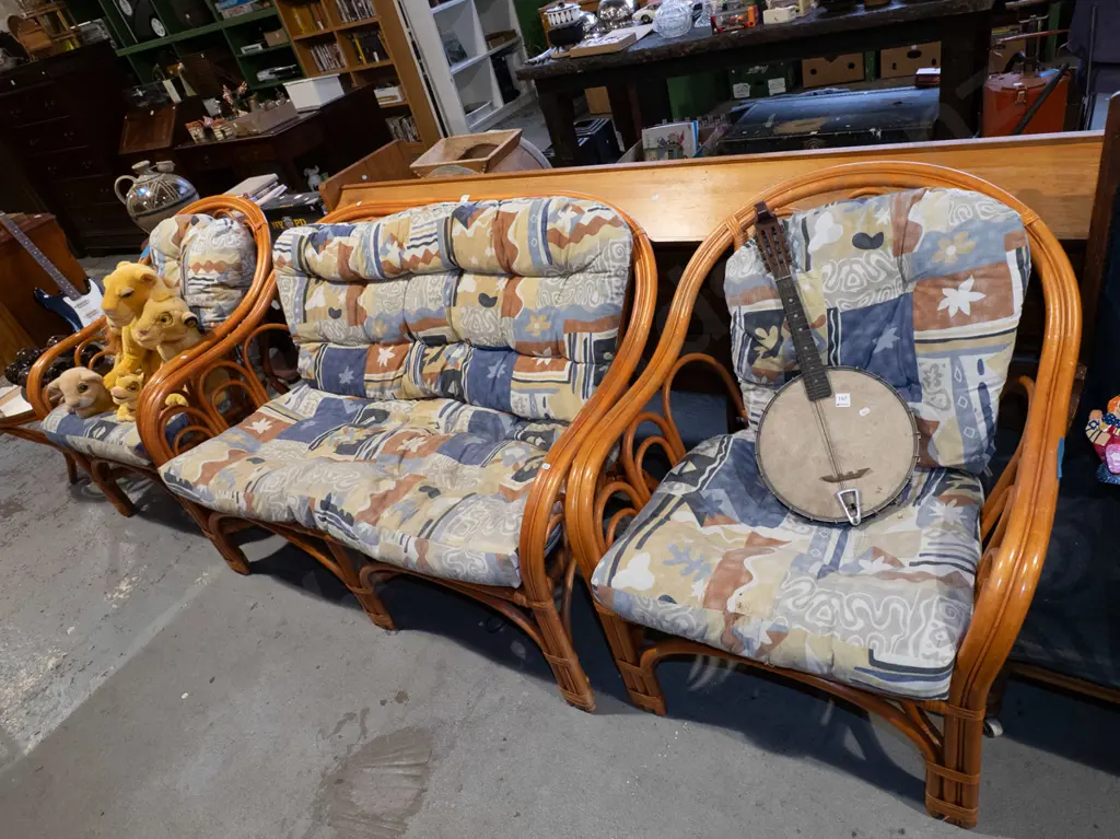 bamboo 4 piece patio suite - 2 seater, 2x singles, clear glass top table Image 1++