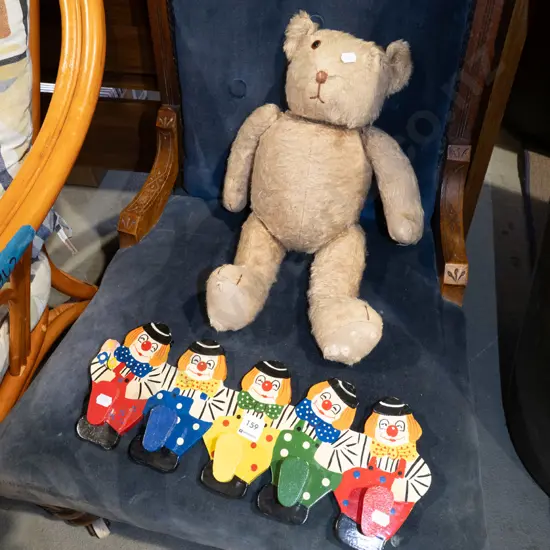wooden clown themed coat hooks, vintage teddy bear