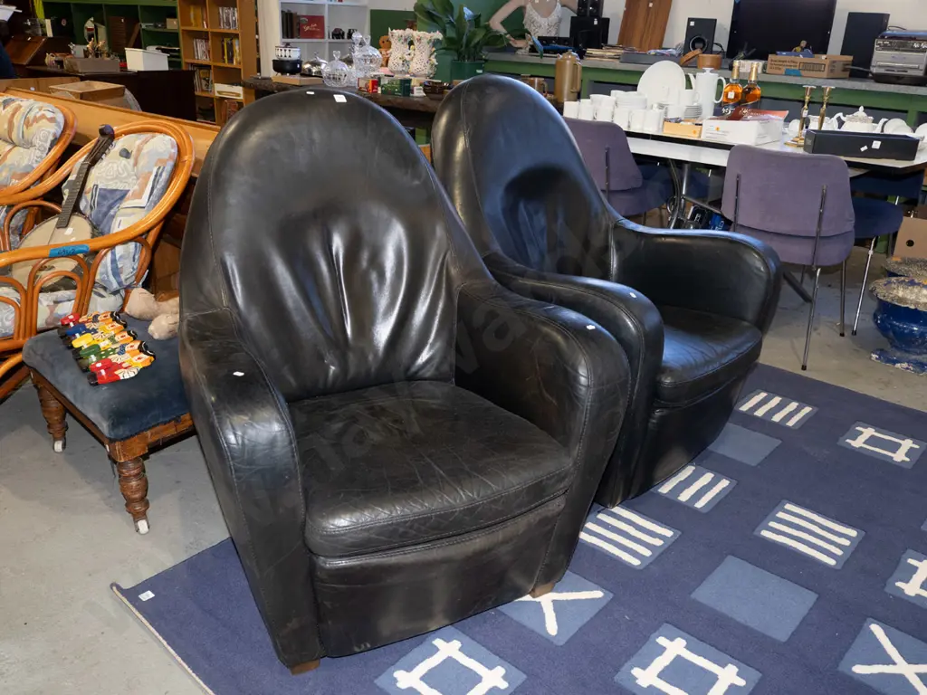 pair of black leather armchairs - 1 swivels, 1 does not Image 1++