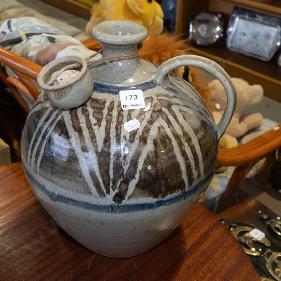 studio pottery bottle with handle - missing spiggot H330