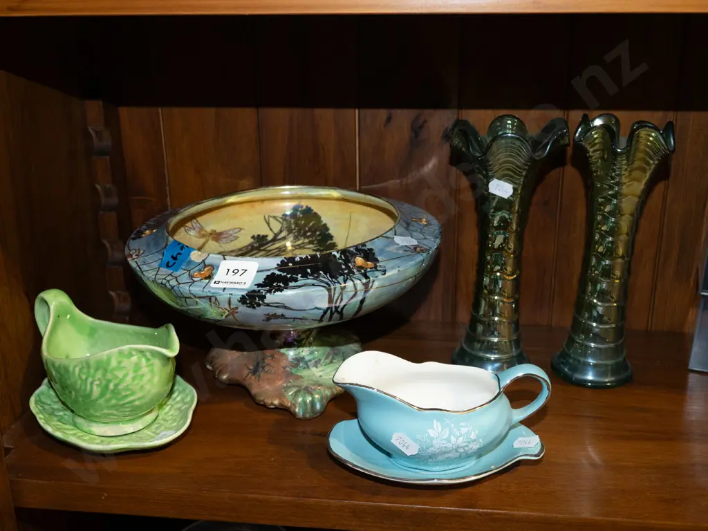 Byzanta Ware lustre footed bowl - significant chip, 2x green glass vases, 2x gravy boats Image 1++