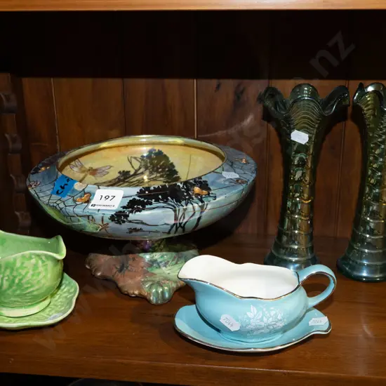 Byzanta Ware lustre footed bowl - significant chip, 2x green glass vases, 2x gravy boats