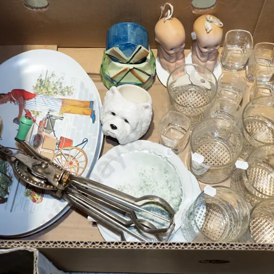 box; plastic bbq plates, glass tumblers etc