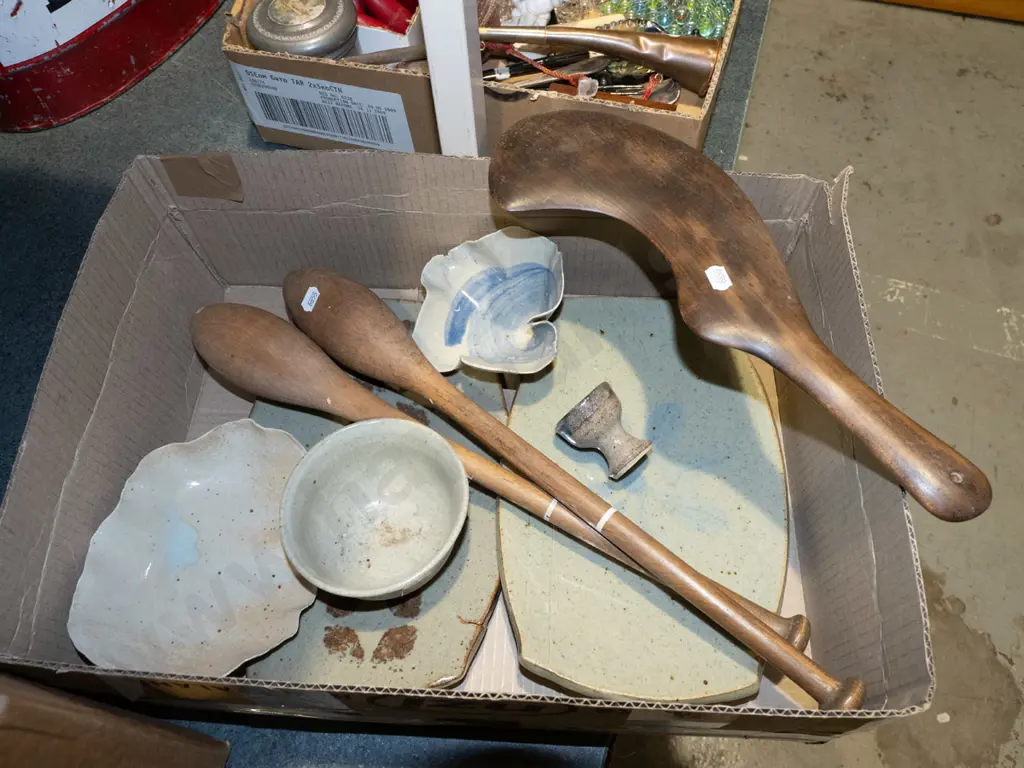 box; pottery plates, bowls, juggler's batons etc Image 1++
