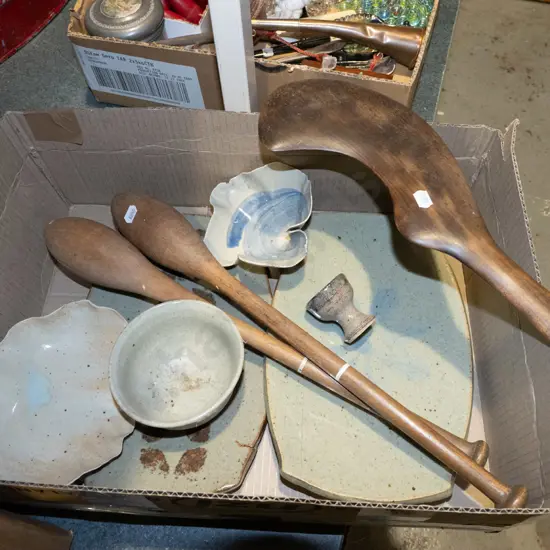 box; pottery plates, bowls, juggler's batons etc