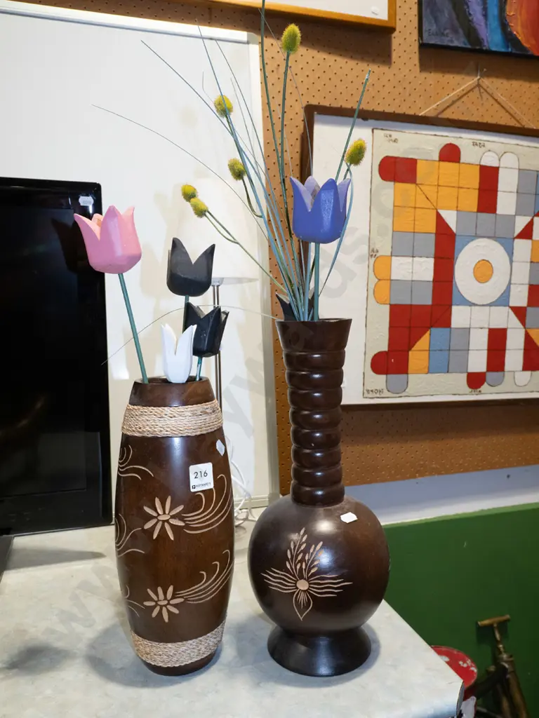 2x wooden vases and faux flowers Tallest vase H260 Image 1++