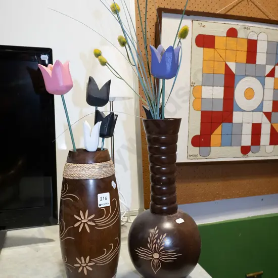 2x wooden vases and faux flowers Tallest vase H260