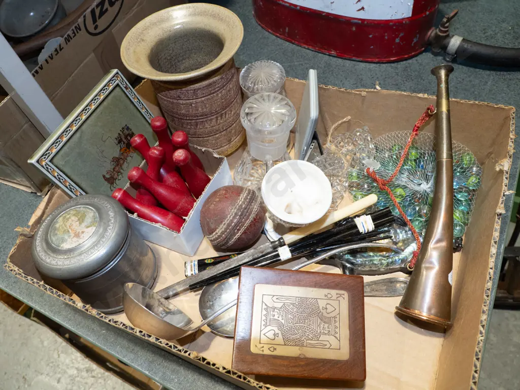 box; marbles, hunting horn, cricket ball etc Image 1++
