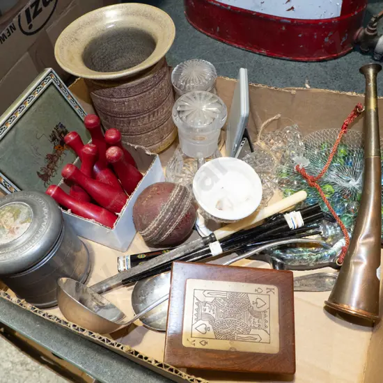 box; marbles, hunting horn, cricket ball etc