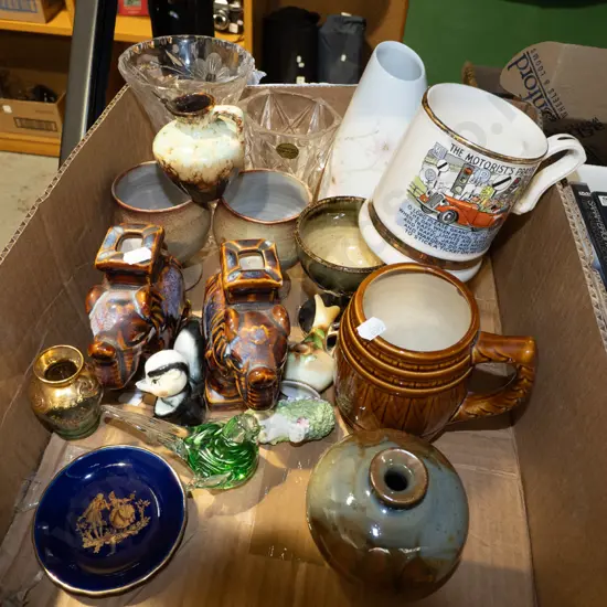 box; crystal vases, elephant figurines, beer mugs etc