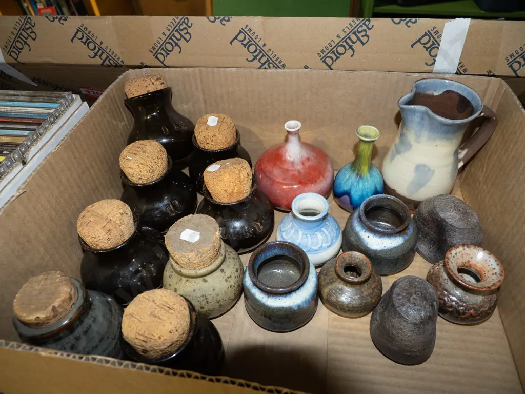 box; studio pottery cork lidded spice jars, jug, salt and pepper etc Image 1++