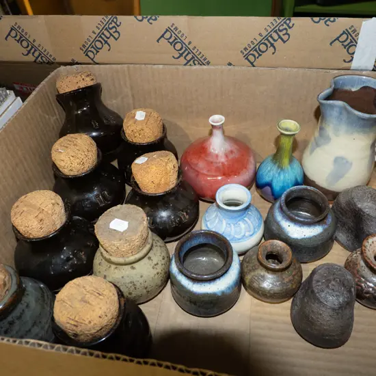 box; studio pottery cork lidded spice jars, jug, salt and pepper etc