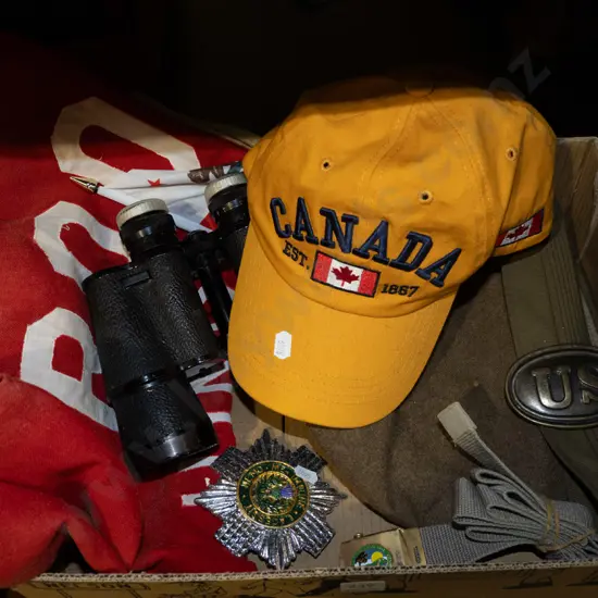 box; binoculars, beret, caps etc
