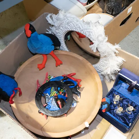 box; wooden fruit bowl, pukeko mobile, mirror etc