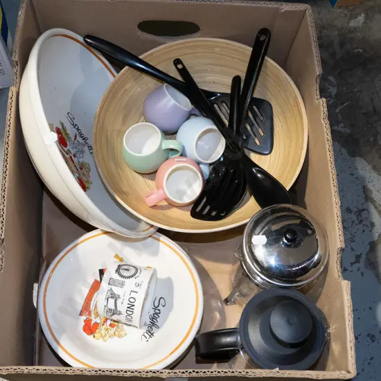 box; pasta bowls, coffee plungers, cups etc