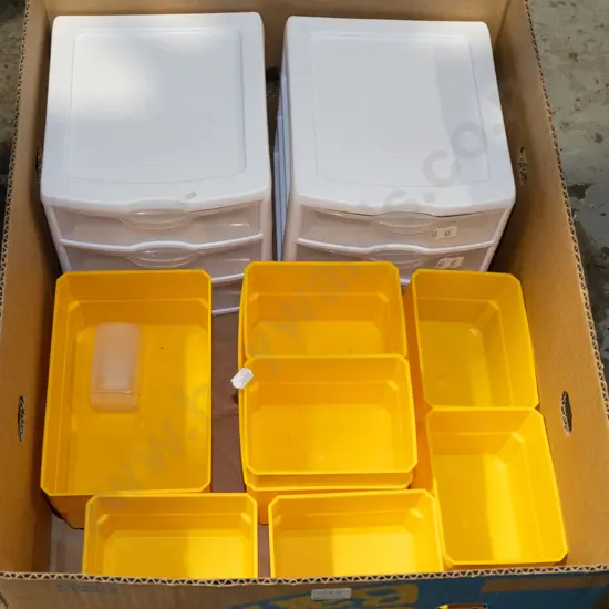 box; plastic trays, 3 drawer organisers