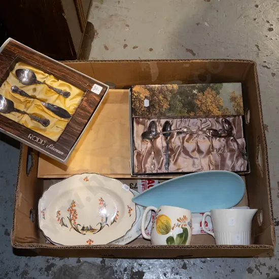 box; plates, cups, cutlery