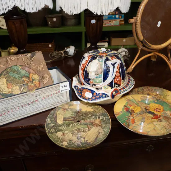 vintage children's 78s, antique Japanese poreclain lidded container - some cracks and damage