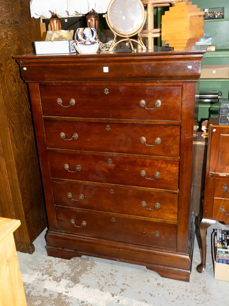 mahogany veneer 6 drawer  tallboy with drop metal andles - some scratching and damage to varnish Image 1++