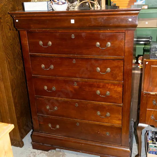 mahogany veneer 6 drawer  tallboy with drop metal andles - some scratching and damage to varnish