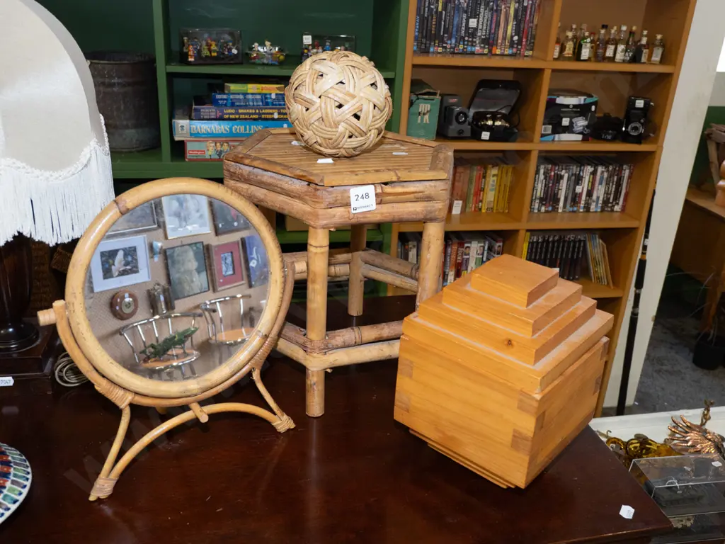 small cane jardiniere stand, trinket box, cheval picture mirror, cane ball Image 1++