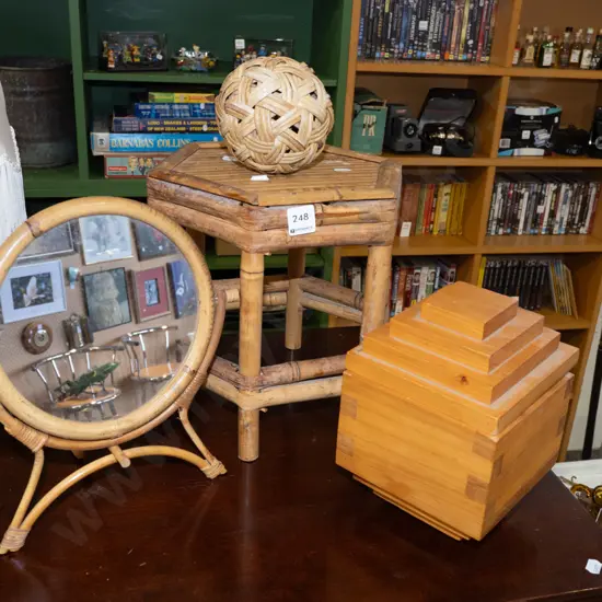 small cane jardiniere stand, trinket box, cheval picture mirror, cane ball