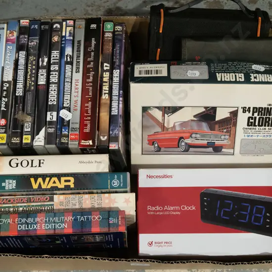 box; DVDs, radio alarm clock, model car