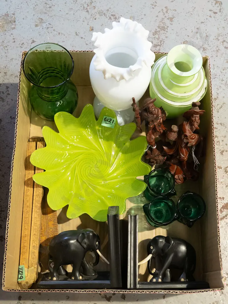 box; elephant bookends, green glass vase, vases etc Image 1++