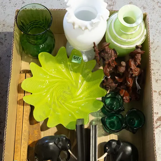 box; elephant bookends, green glass vase, vases etc