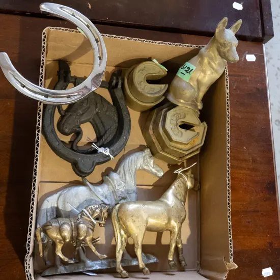 box; horse figurines, scale weights etc