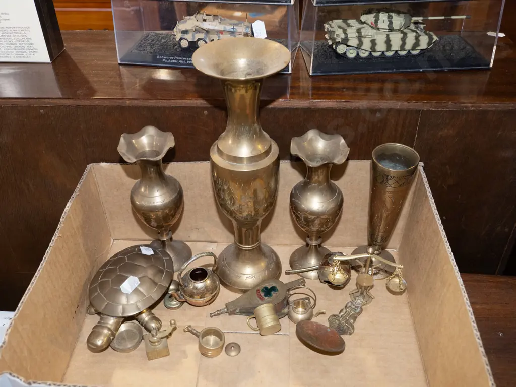 box; brass ware, miniatures, tortoise ashtray, vases etc Image 1++