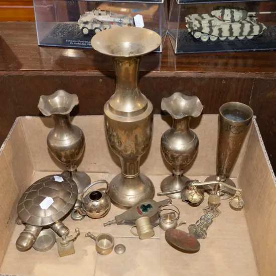 box; brass ware, miniatures, tortoise ashtray, vases etc