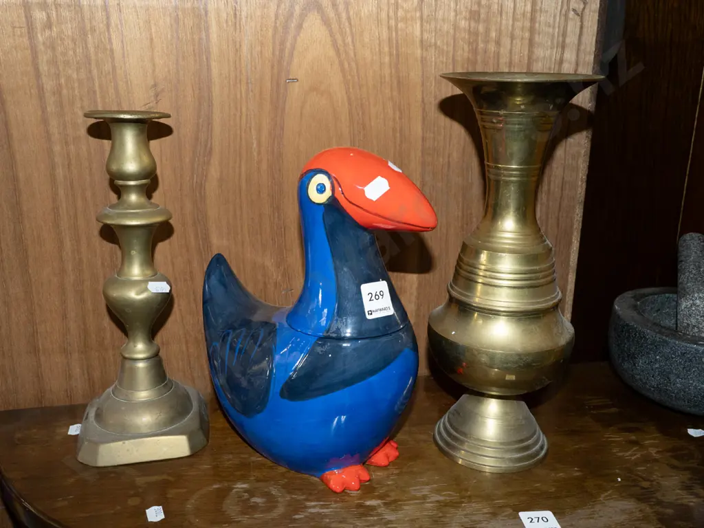 pukeko ceramic storage container, brass candestick vase H310 Image 1++