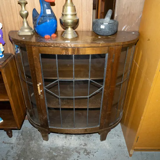 small deco half round china cabinet - varnish needs attention H910 W900 D280