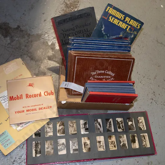 box; 3 cigarette albums - no card, coin albums - no coins etc
