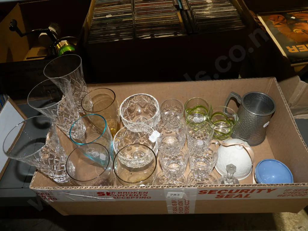 box; glasses, pewter beer mug, ceramic bell etc Image 1++