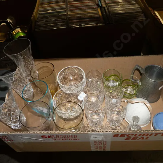 box; glasses, pewter beer mug, ceramic bell etc