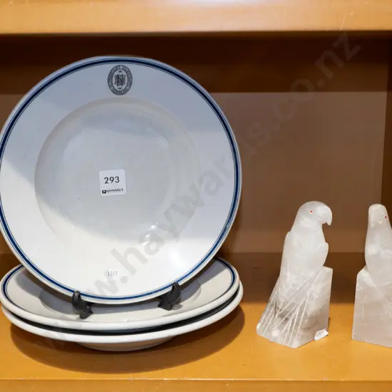 3x German pottery bowl, 2x alabaster bird figurines
