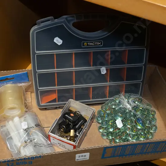 box; plastic organiser, padlocks, marbles etc