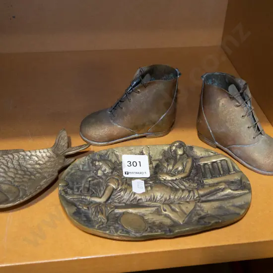 brass figural dish, fish dish, 2x boots