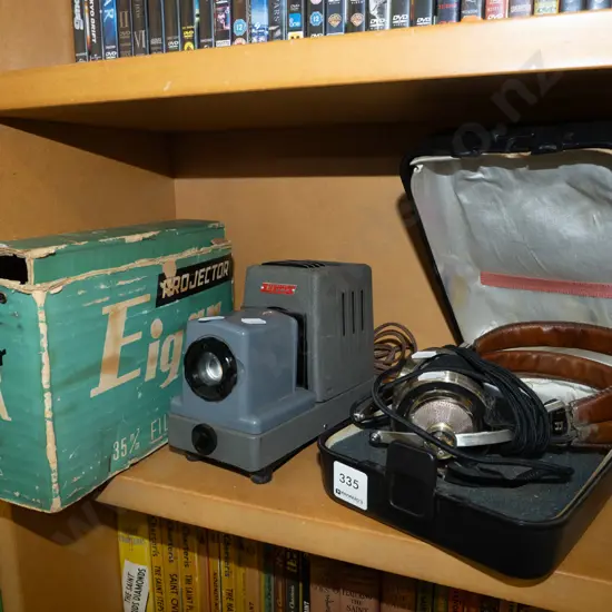 pair of vintage headphones, slide projector