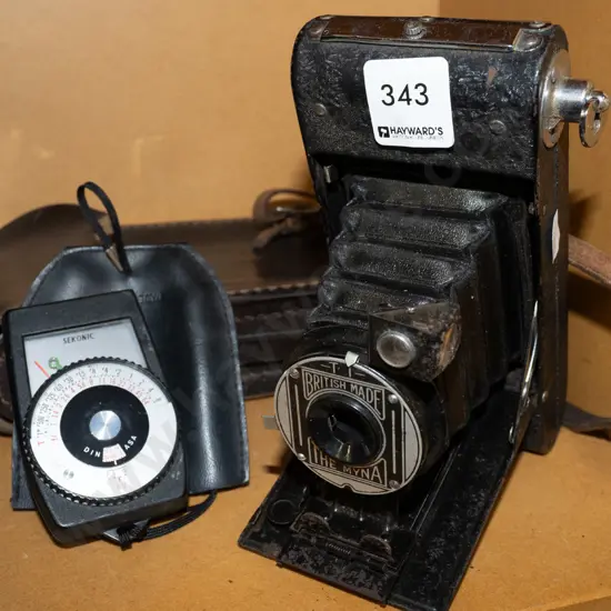 vintage concertina camera, case, light meter