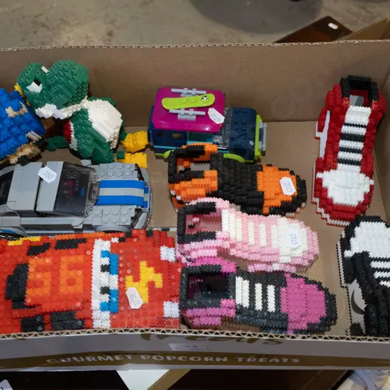 box; miniature Lego type models, Lego racing car