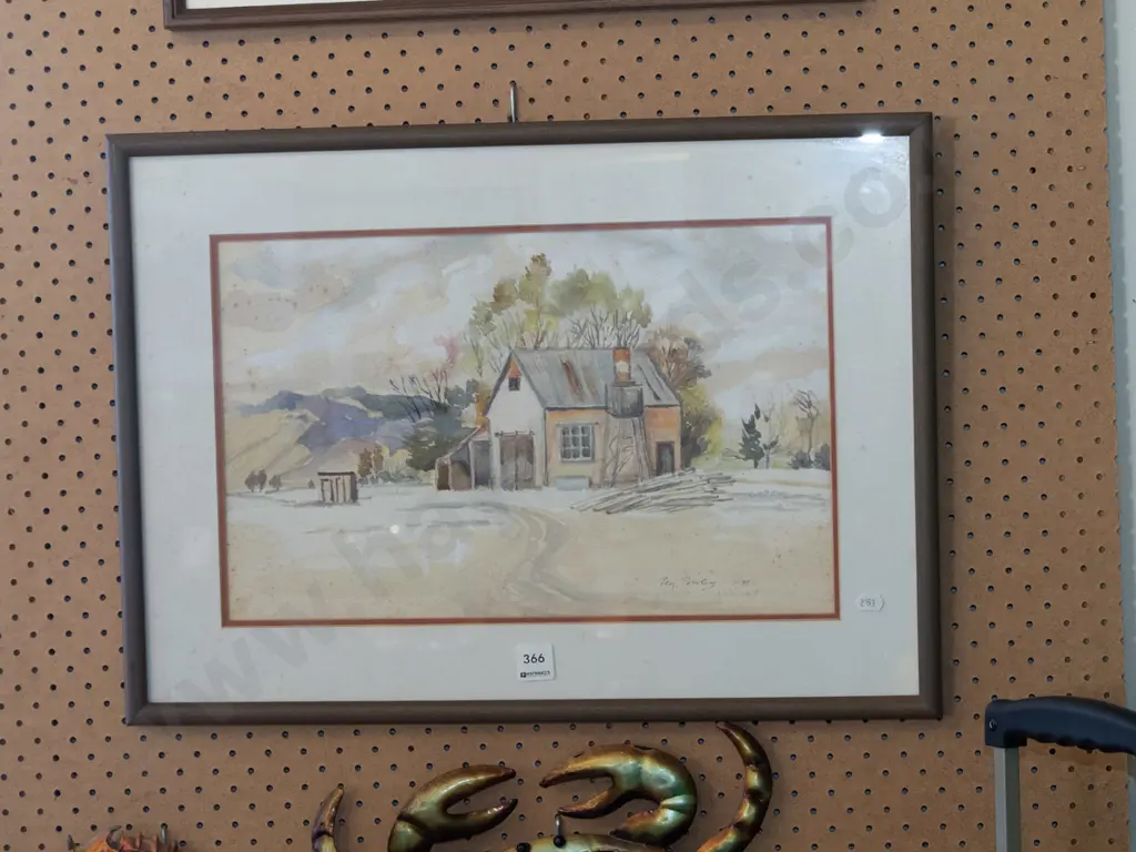 Peg Powley '88 - framed watercolour - farm buildings - foxing Image 1++