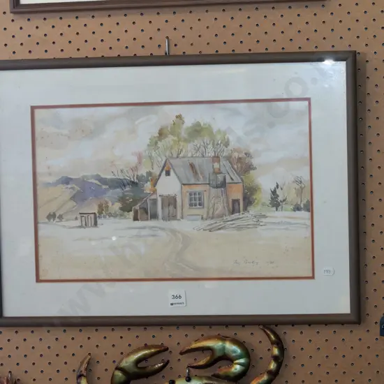 Peg Powley '88 - framed watercolour - farm buildings - foxing