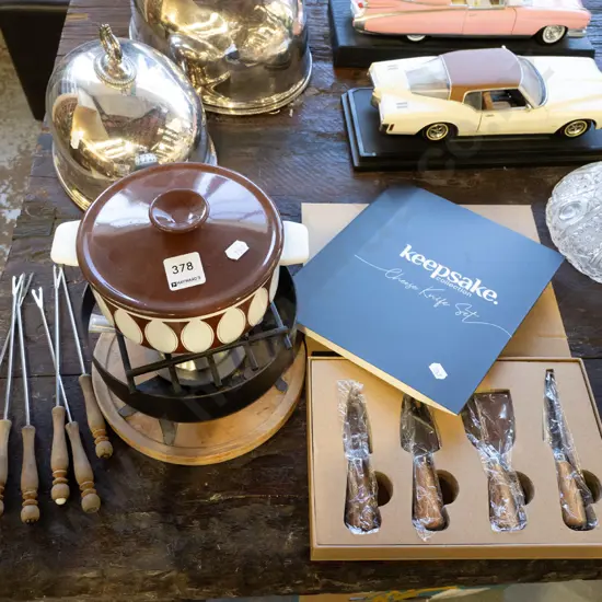small enamel fondue set, cheese board knives