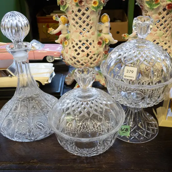 ship's decanter, footed cut crystal bowl, 1 other bowl Decanter H310